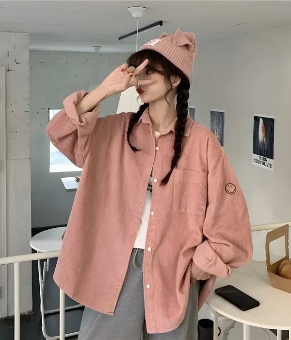 Smiley Embroidered Corduroy Shirt