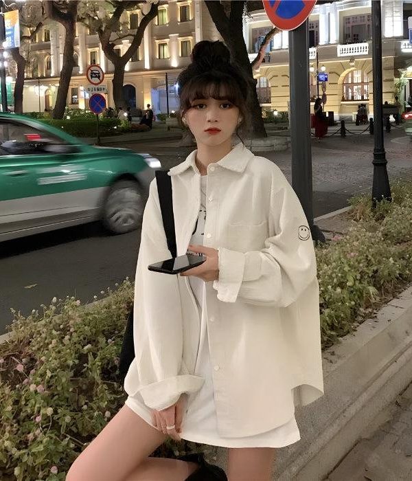 Smiley Embroidered Corduroy Shirt