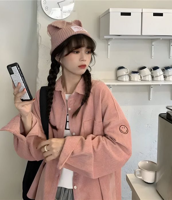 Smiley Embroidered Corduroy Shirt