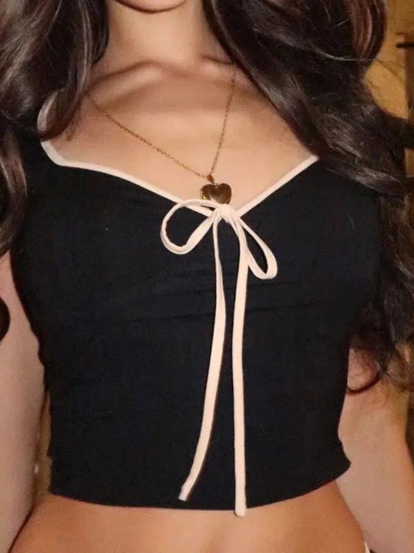 Soft Girl Bow Sweetheart Neckline Top