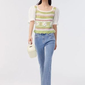 Soft Girl Floral Hollow Out Knitted Top