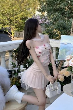 Soft Girl Flower Tube Top & Tulle Mini Skirt Two Piece Set