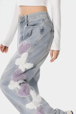 Soft Girl Fluffy Heart Butterfly Jeans