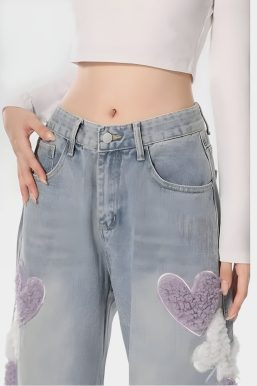 Soft Girl Fluffy Heart Butterfly Jeans