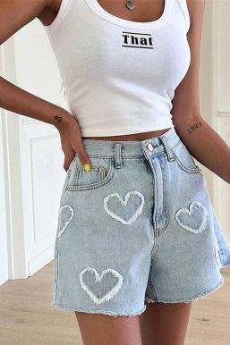 Soft Girl Heart Patch Denim Shorts