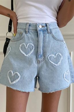 Soft Girl Heart Patch Denim Shorts