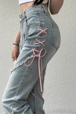 Soft Girl Lace Up Slit Flare Jeans