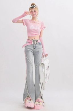 Soft Girl Lace Up Slit Flare Jeans