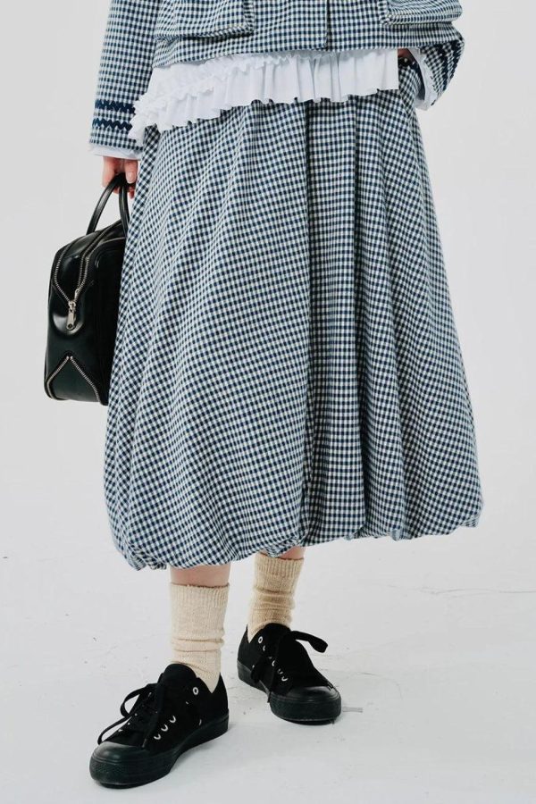 Soft Girl Plaid Bubble Midi Skirt