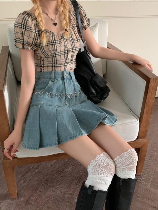Soft Girl Pleated Denim Mini Skirt