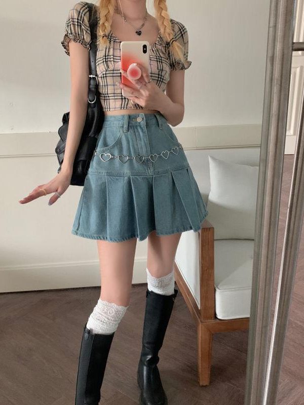 Soft Girl Pleated Denim Mini Skirt