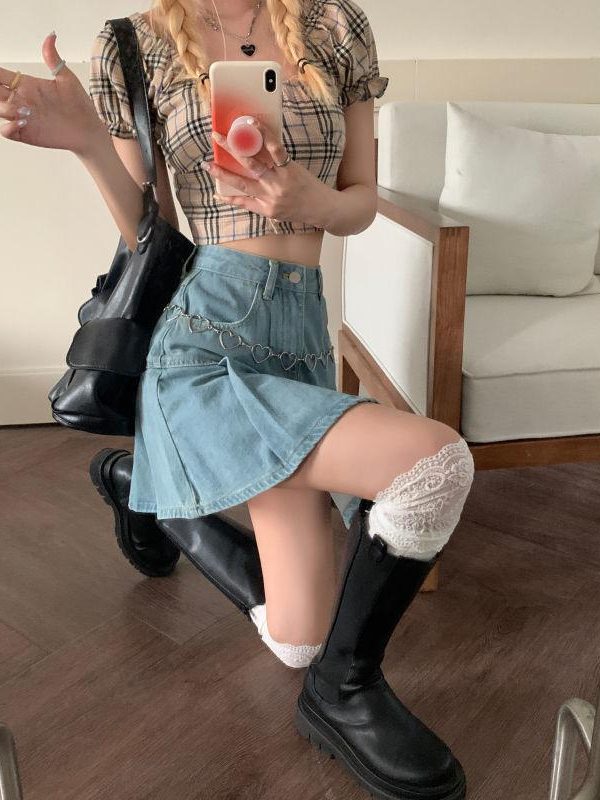 Soft Girl Pleated Denim Mini Skirt