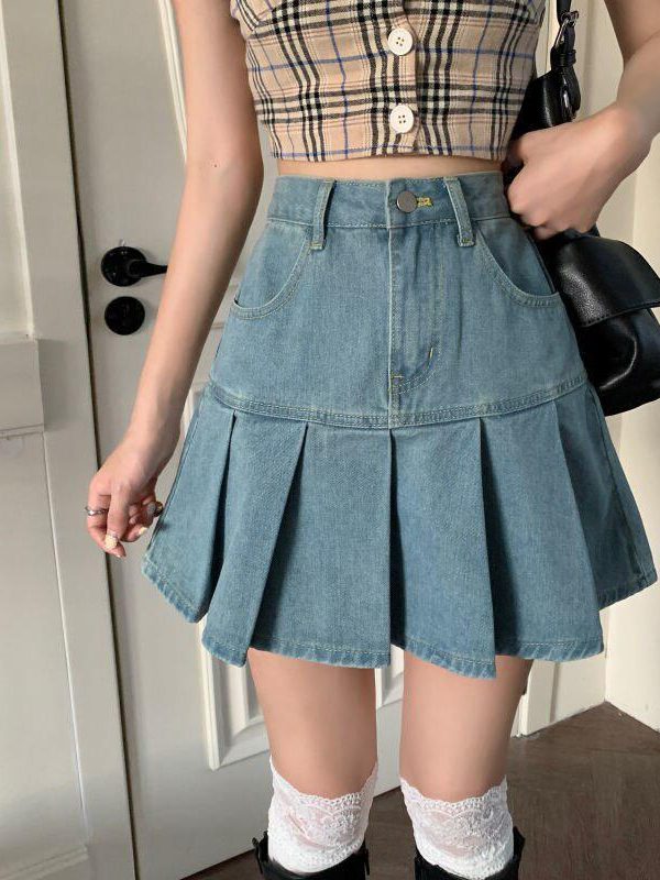 Soft Girl Pleated Denim Mini Skirt