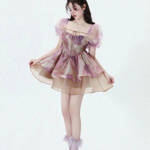 Soft Girl Puff Sleeve Layered Mini Dress