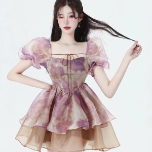 Soft Girl Puff Sleeve Layered Mini Dress