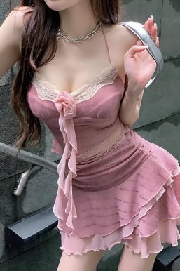 Soft Girl Two Piece Outfit Crop Top and Skirt Set in Rose