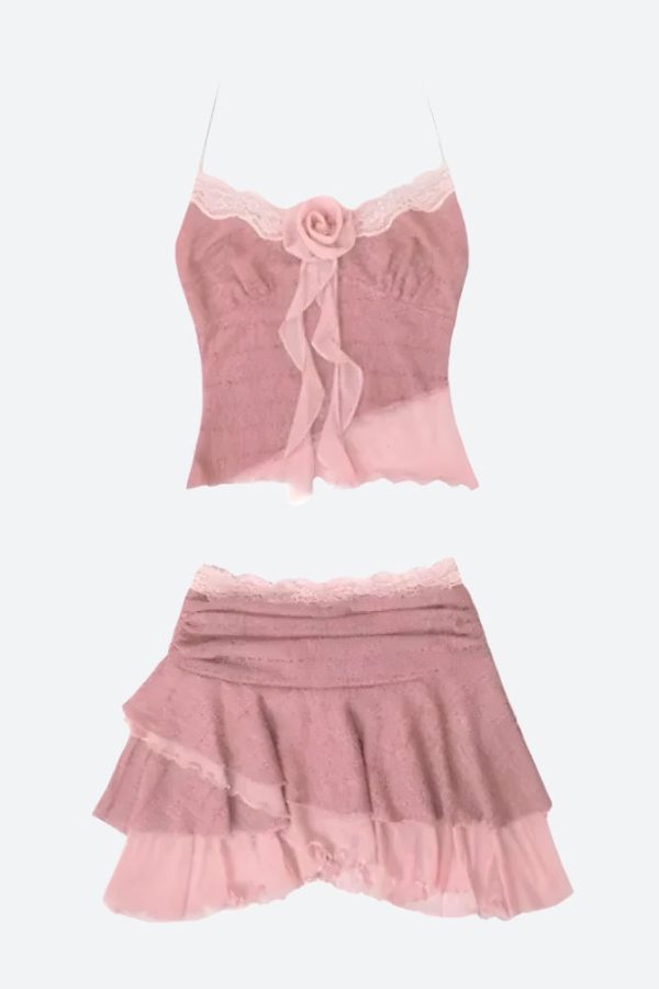 Soft Girl Rose Top & Mini Skirt Two Piece Set