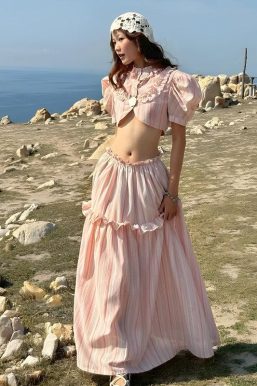 Soft Girl Striped Crop Top & Maxi Skirt Two Piece Set