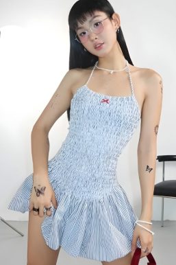 Soft Girl Striped Ruched Mini Dress