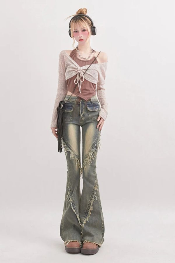 Soft Grunge Tasseled Flare Jeans
