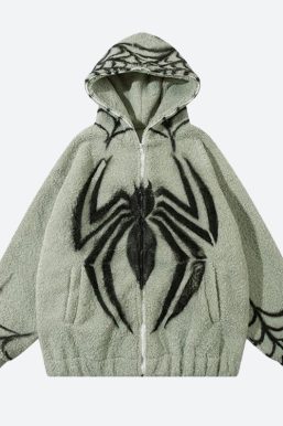Spider Full Zip-Up Teddy Hoodie Jacket