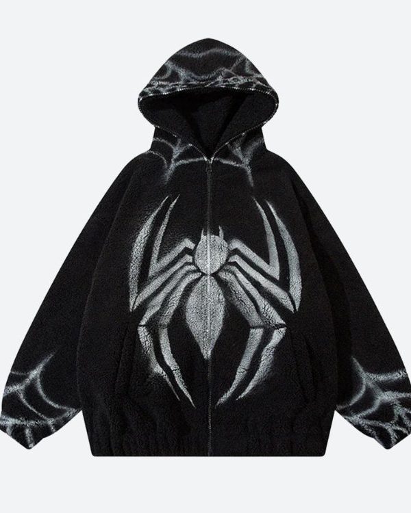 Spider Full Zip-Up Teddy Hoodie Jacket