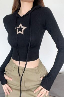 Star Embroidery Hooded Crop Top