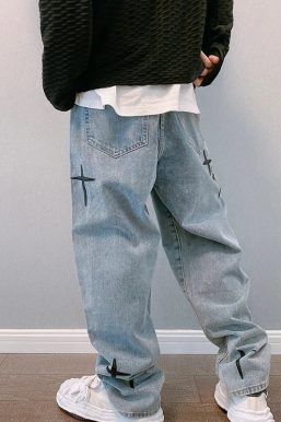 Straight Leg Cross Print Jeans