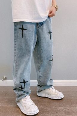 Straight Leg Cross Print Jeans