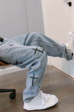 Straight Leg Cross Print Jeans