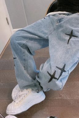 Straight Leg Cross Print Jeans