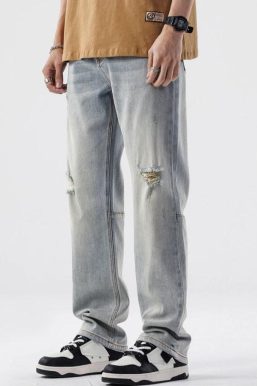 Straight Leg Distressed Knee Jeans