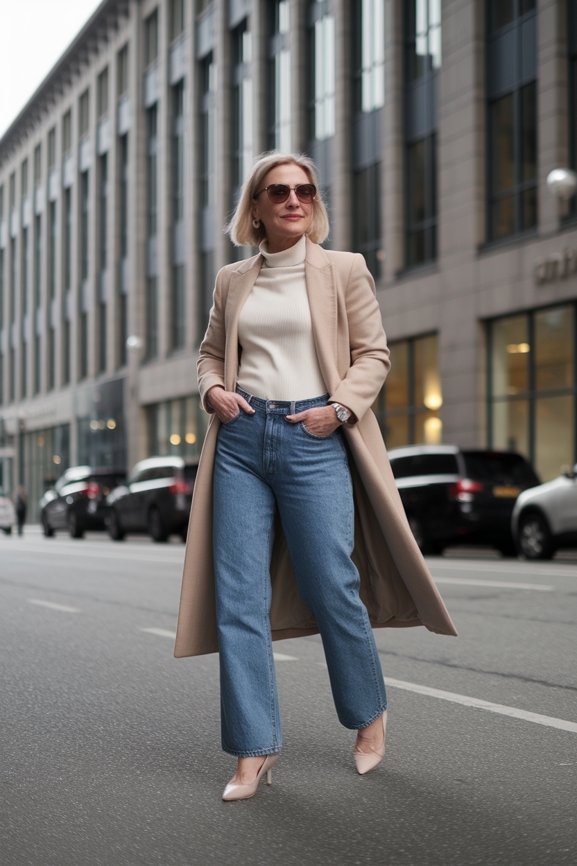 Straight jeans outfit women over 40 for a classic silhouette outfit idea
