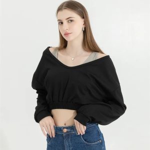 Strap Detailed Wide Neck Crop Sweatshirt