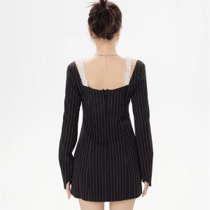 Striped Lace Strap Bow Mini Dress