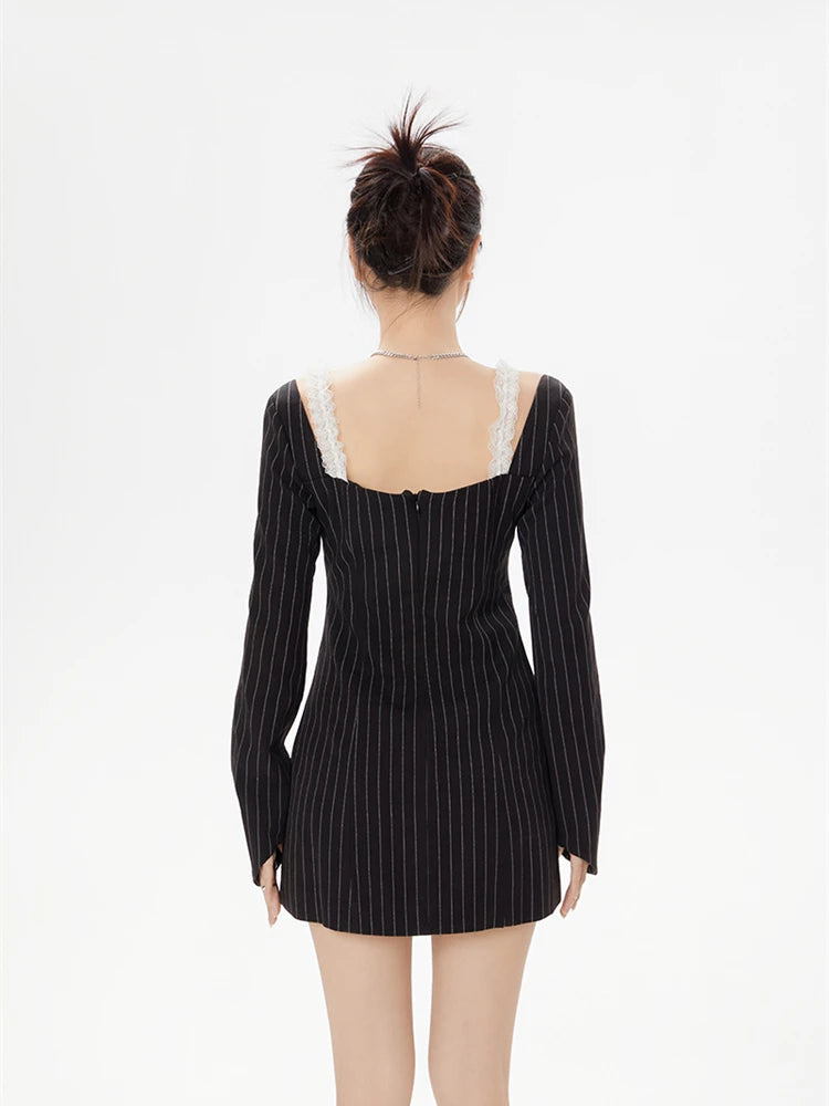 Striped Lace Strap Bow Mini Dress Striped Lace Strap Bow Mini Dress