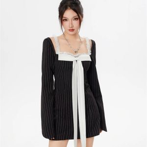 Striped Lace Strap Bow Mini Dress