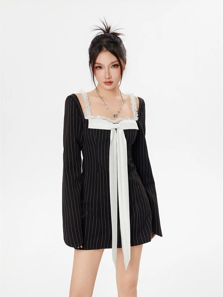 Striped Lace Strap Bow Mini Dress Striped Lace Strap Bow Mini Dress