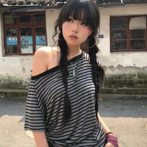 Striped One Shoulder Tee