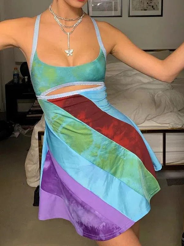 Striped Patch Satin Mini Dress