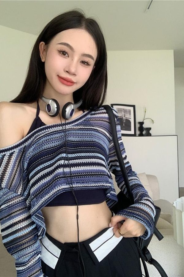 Striped Wide Neck Crop Sweater