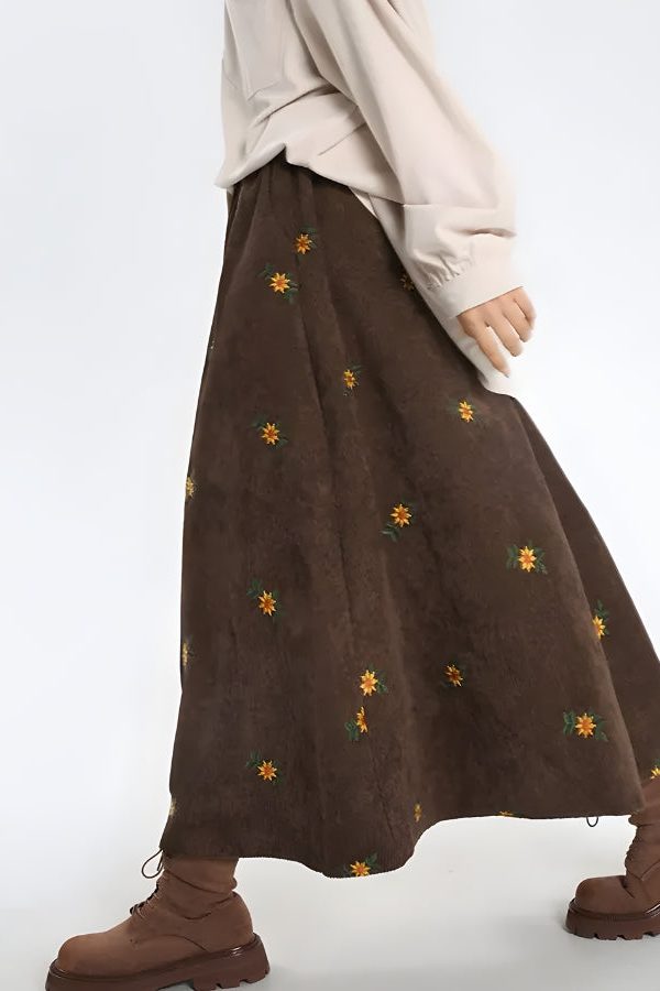 Sunflower Embroidered Corduroy Maxi Skirt