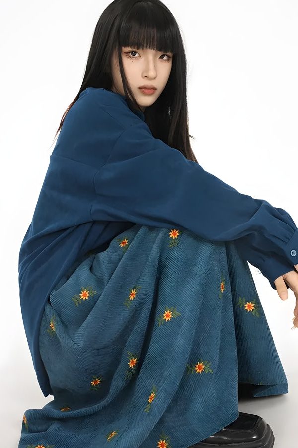 Sunflower Embroidered Corduroy Maxi Skirt