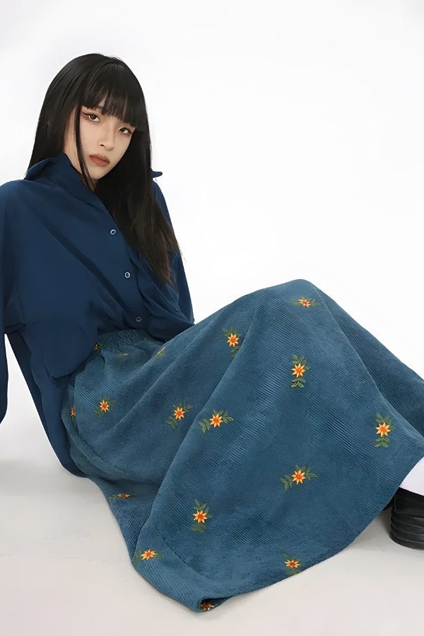 Sunflower Embroidered Corduroy Maxi Skirt