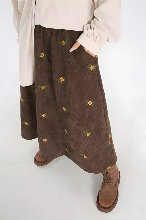 Sunflower Embroidered Corduroy Maxi Skirt