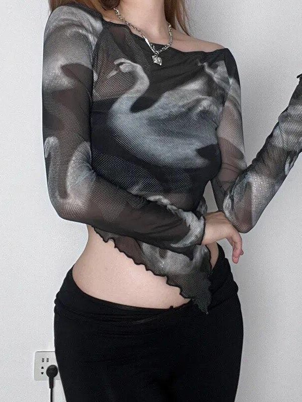 Swan Graphic Asymmetrical Mesh Top
