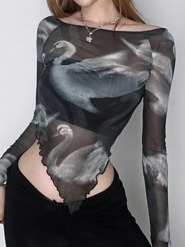 Swan Graphic Asymmetrical Mesh Top