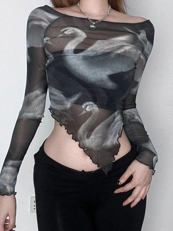 Swan Graphic Asymmetrical Mesh Top