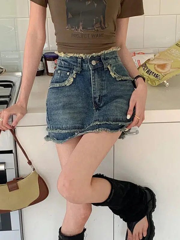 Tasseled Denim Mini Skort