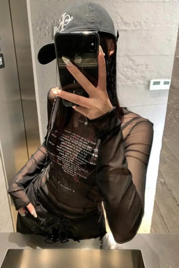 Text Print Sheer Mesh Top